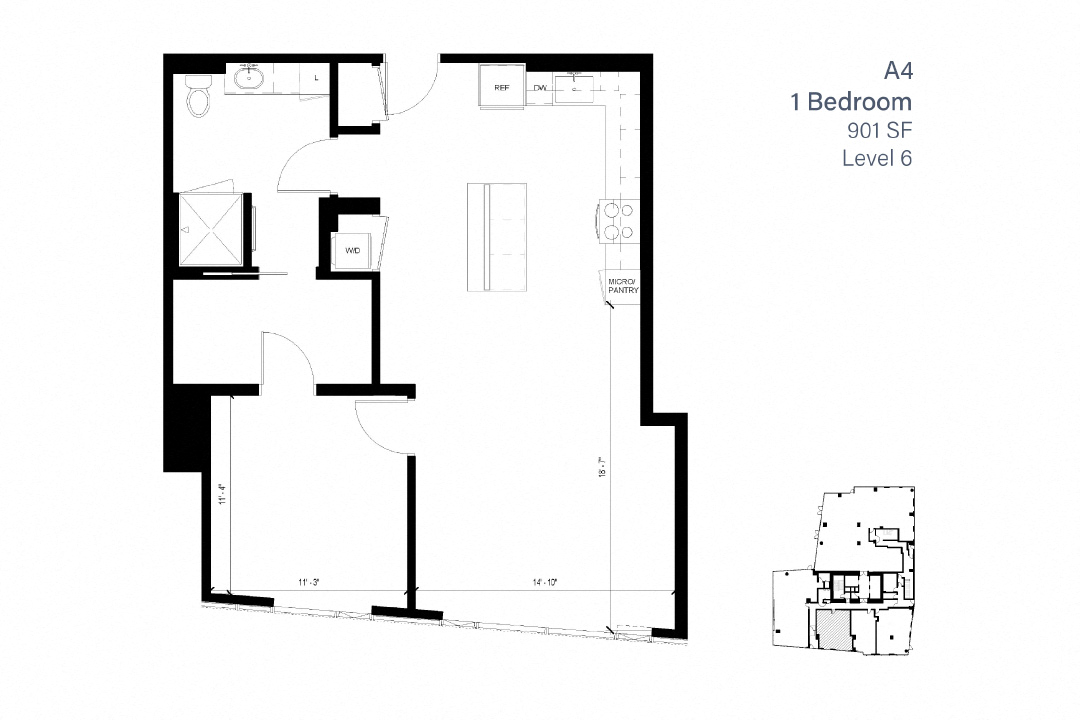 Floor plan for 1 bed, 1 bath, 926 sqft